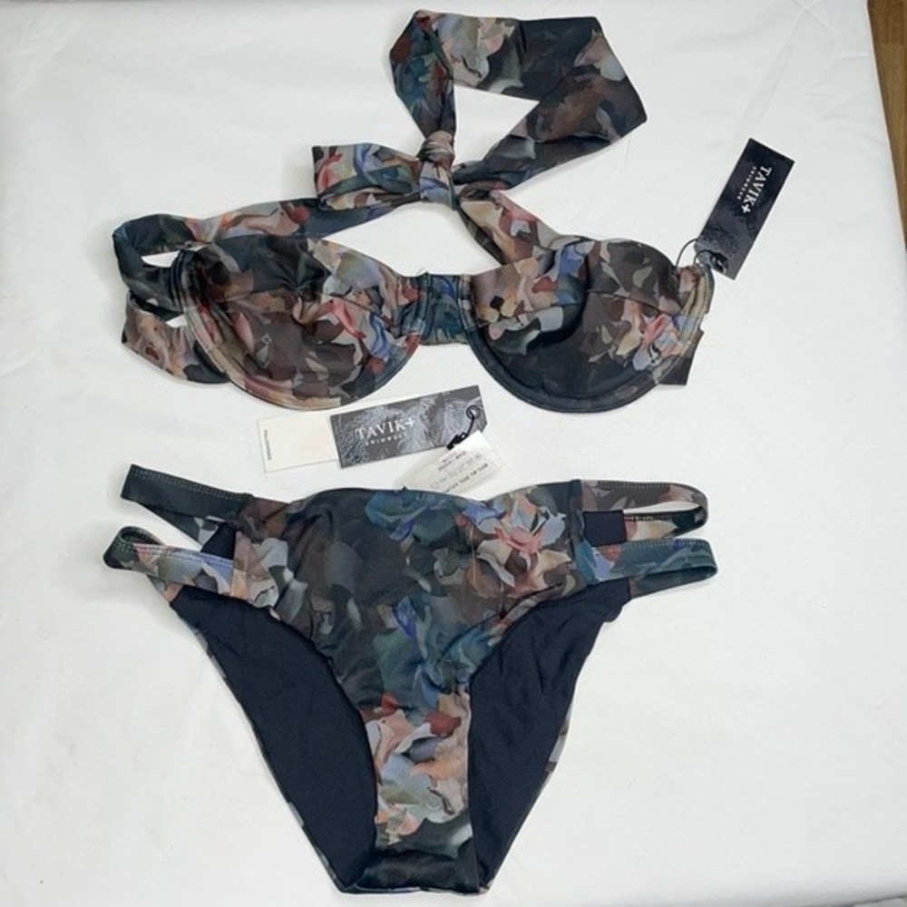 Tavik CHARLE Bandeau Swim Top & Chloe Full Swim Bottom In Petale Noir Sz Small